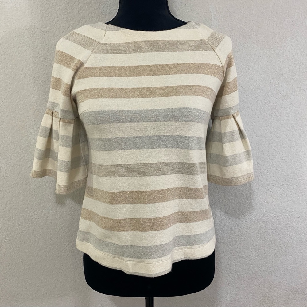 Anthropologie Maeve Helsa Metallic Striped Bell Sleeve Back Zip Top,‎ XS